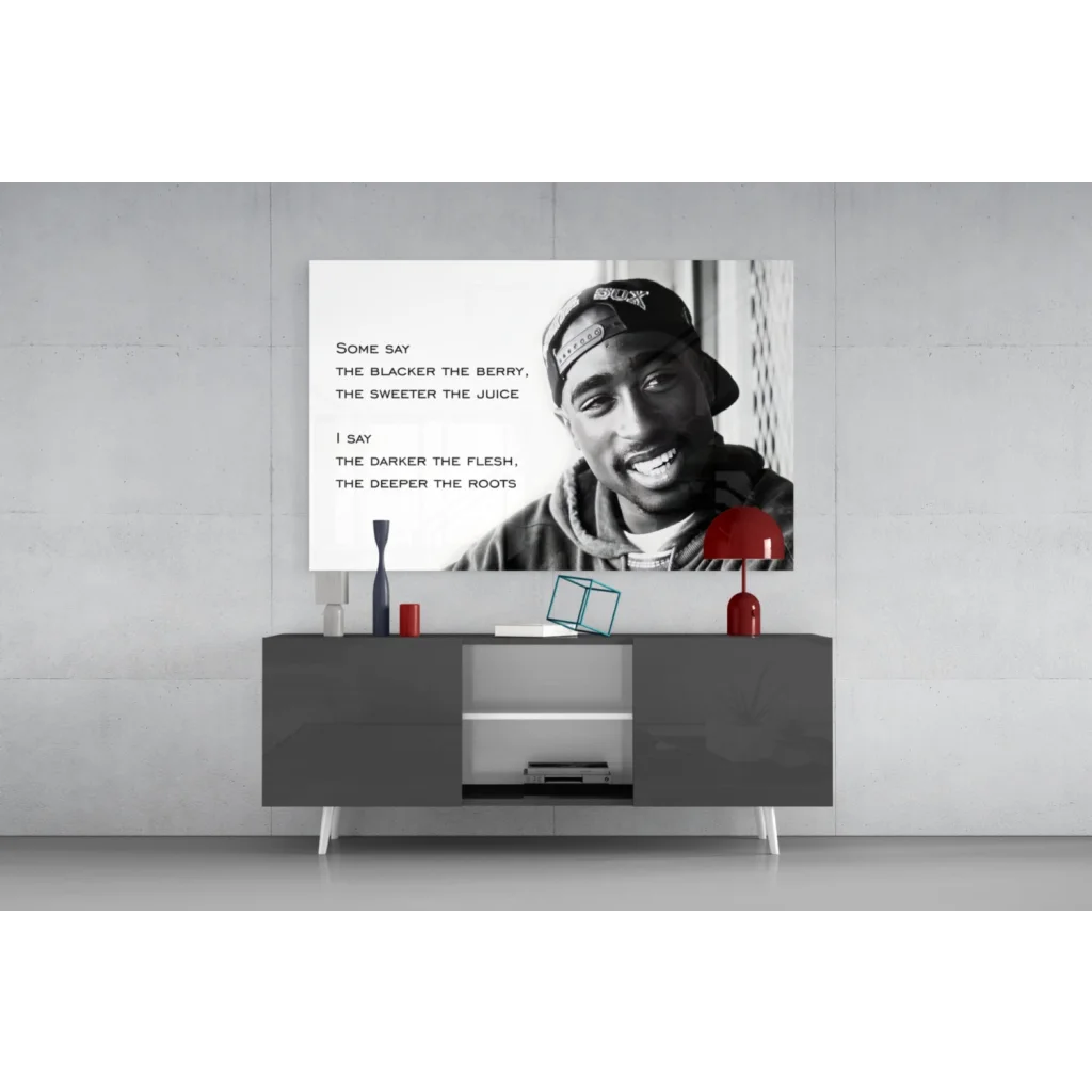 Tupac Shakur black-and-white canvas wall art with iconic quote and red lamp