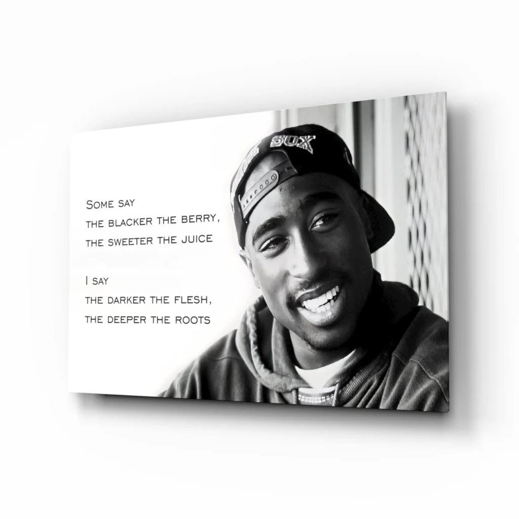 Black-and-white Tupac portrait canvas wall art with quote overlay