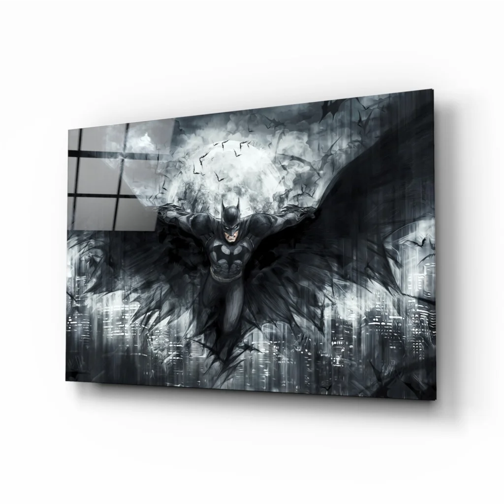 Batman in dynamic pose on stormy city glass wall art canvas print