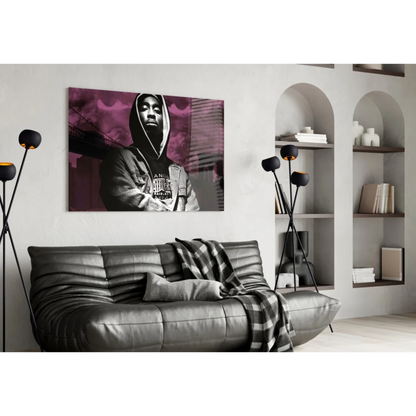 2Pac purple cityscape wall art portrait in black-and-white on vibrant background