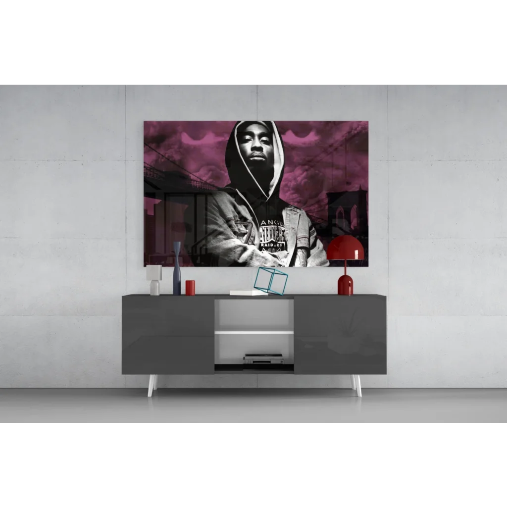 Striking 2Pac black-and-white hoodie portrait on vibrant magenta glass wall art