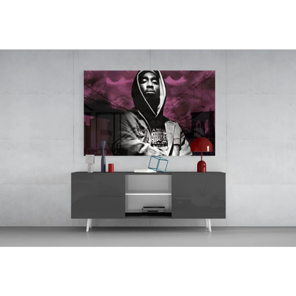 Striking 2Pac black-and-white hoodie portrait on vibrant magenta glass wall art