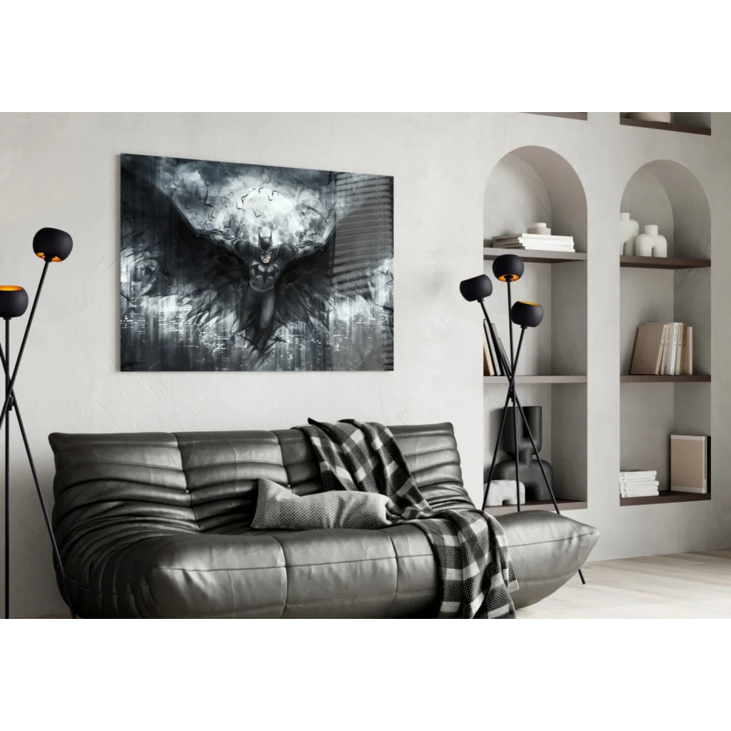 Batman stormy city glass wall art with black leather sofa and plaid throw