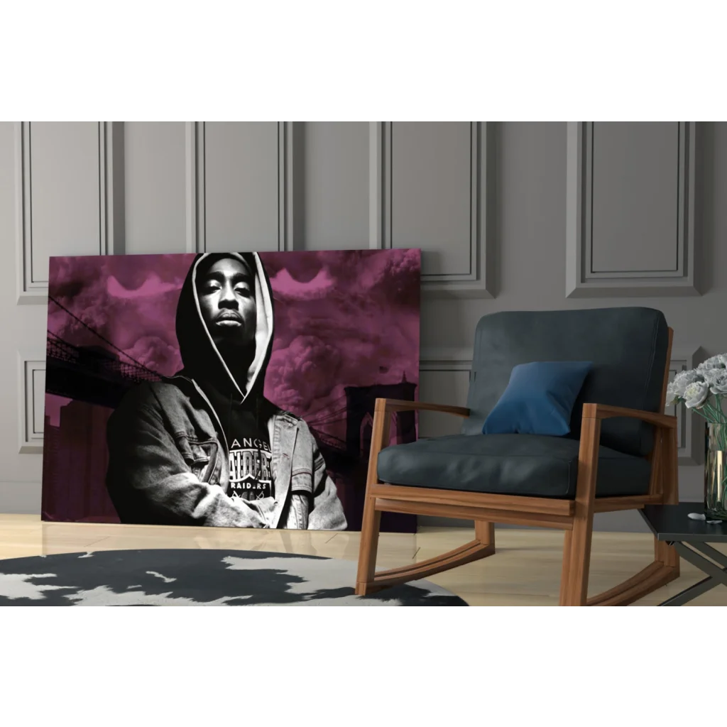 2Pac black-and-white hoodie portrait on purple glass wall art