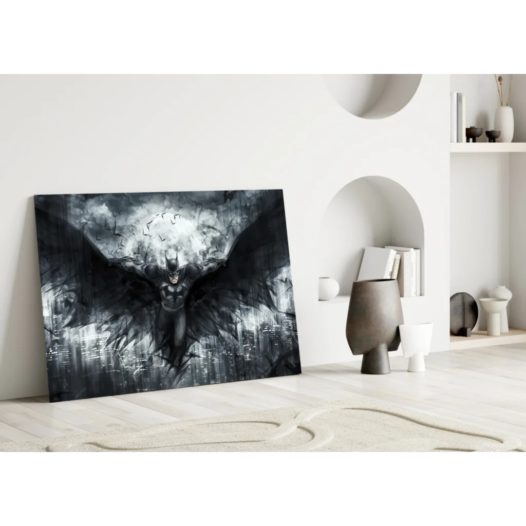 Dramatic black and gray Batman glass wall art on stormy cityscape canvas