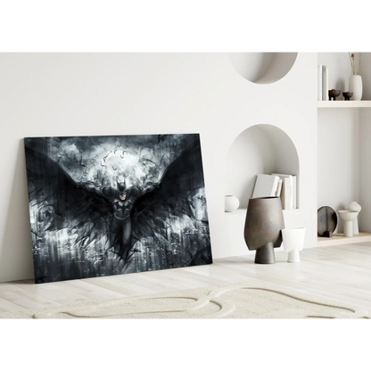 Dramatic black and gray Batman glass wall art on stormy cityscape canvas