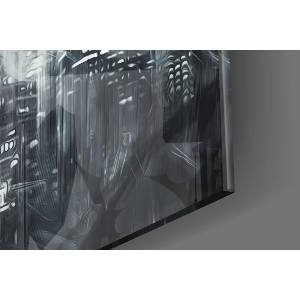 Batman stormy city glass wall art with sleek black frame and abstract streaks