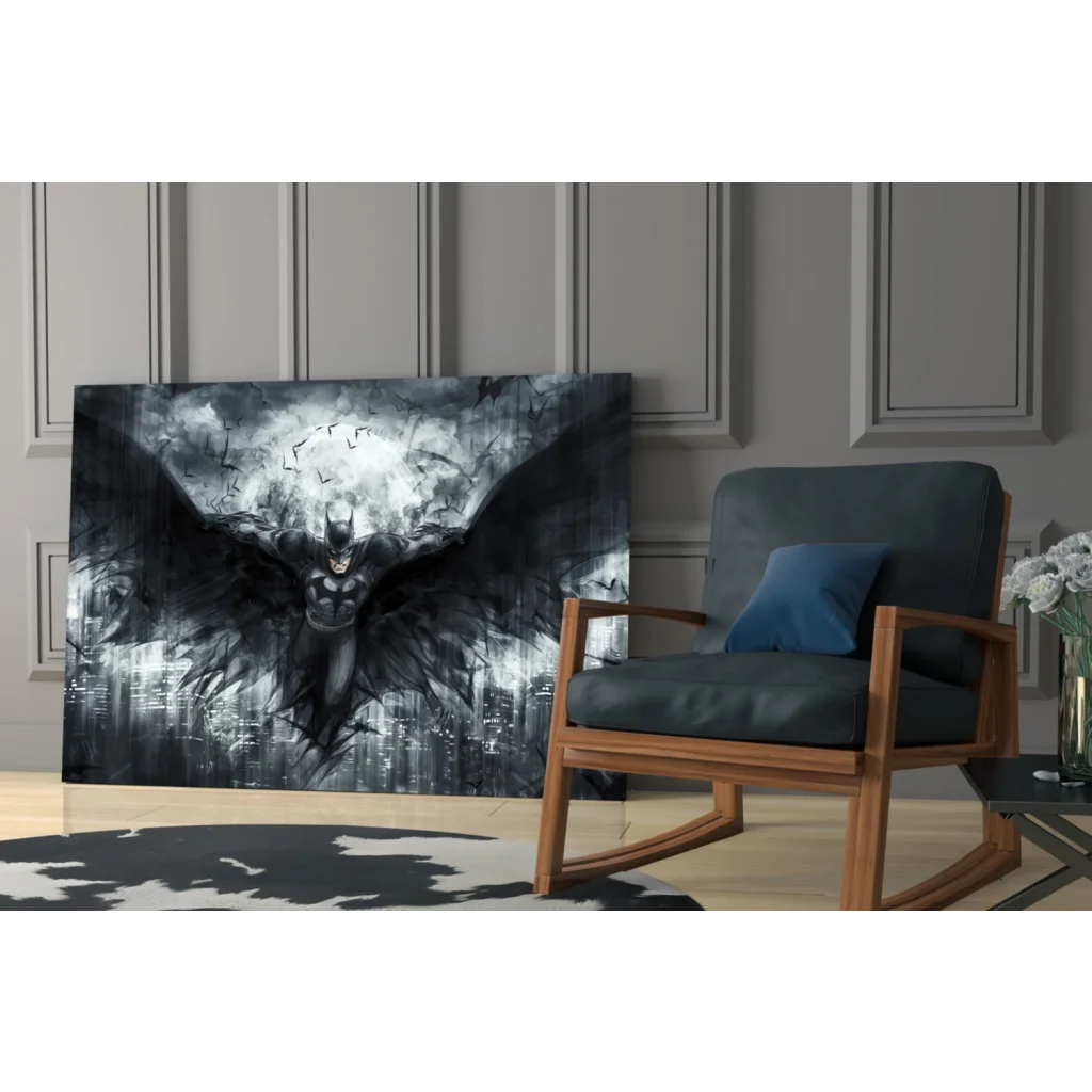 Batman stormy city glass wall art canvas print with dramatic wings