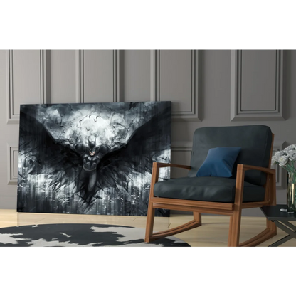Batman stormy city glass wall art canvas print with dramatic wings