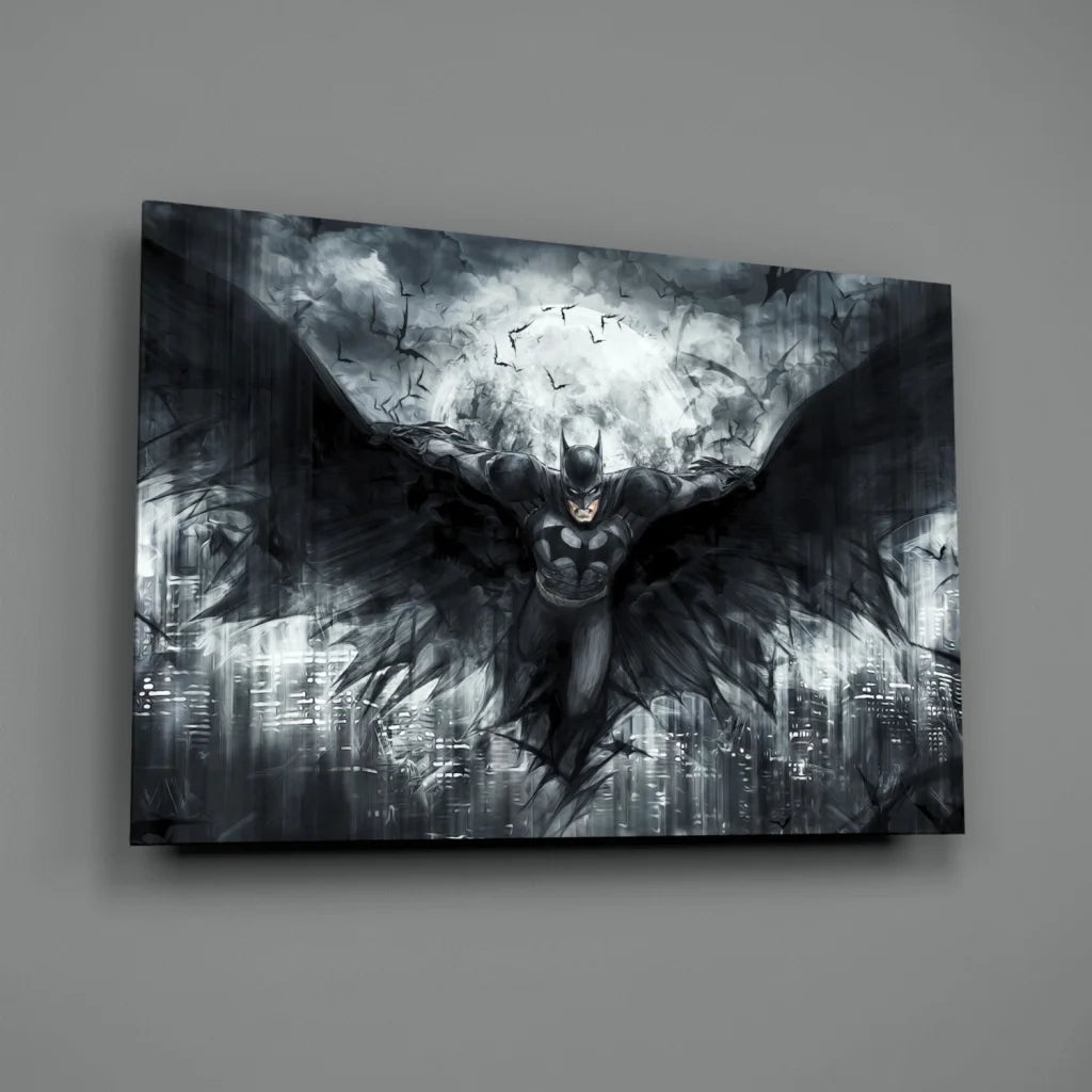 Batman in winged pose on stormy city glass wall art canvas print