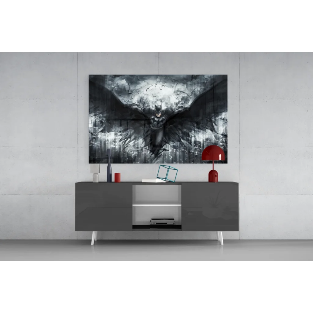 Batman glass wall art canvas print with dramatic black and white wings spread on textured stormy city background