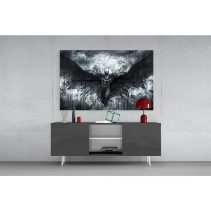 Batman glass wall art canvas print with dramatic black and white wings spread on textured stormy city background