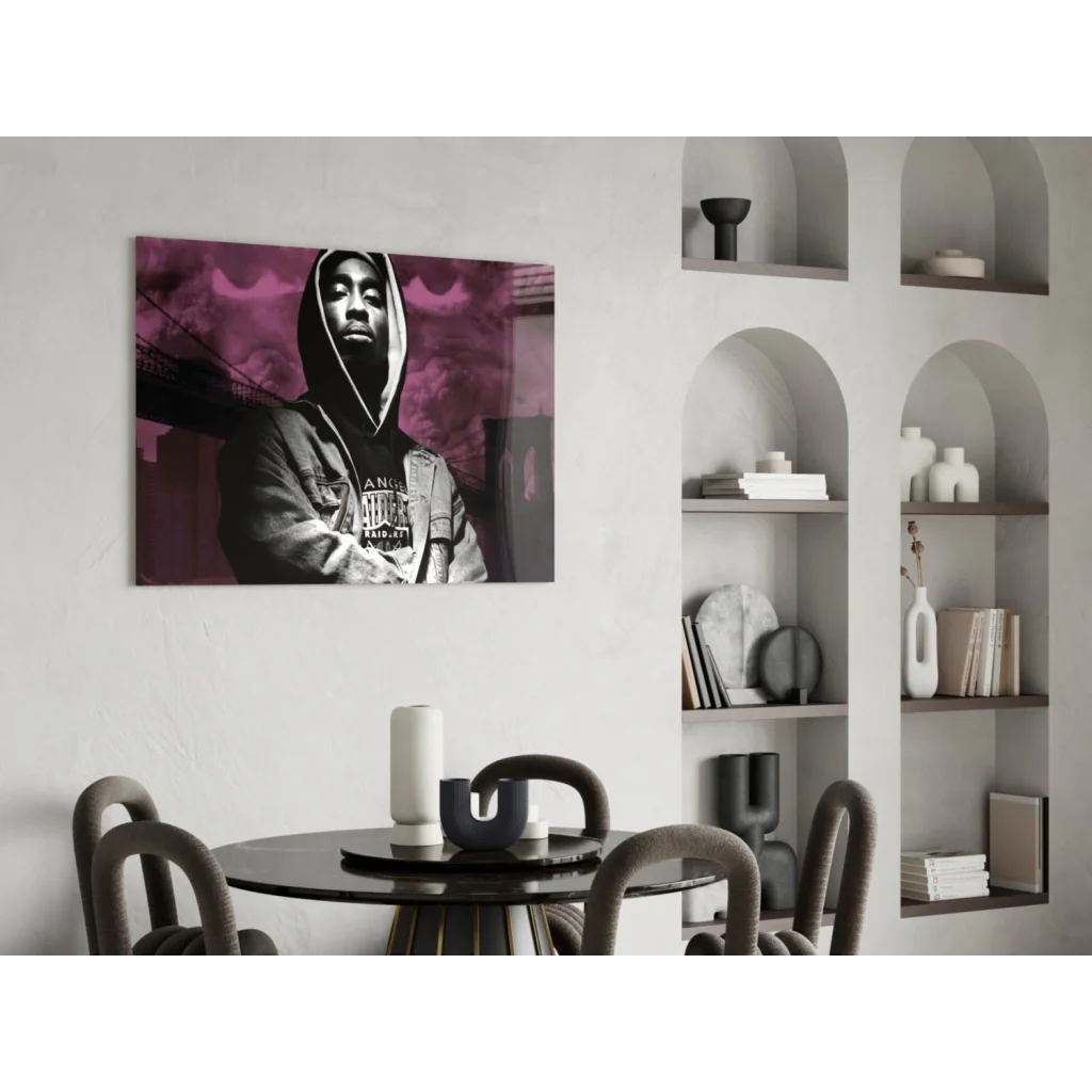 2Pac black-and-white hoodie portrait on purple canvas wall art
