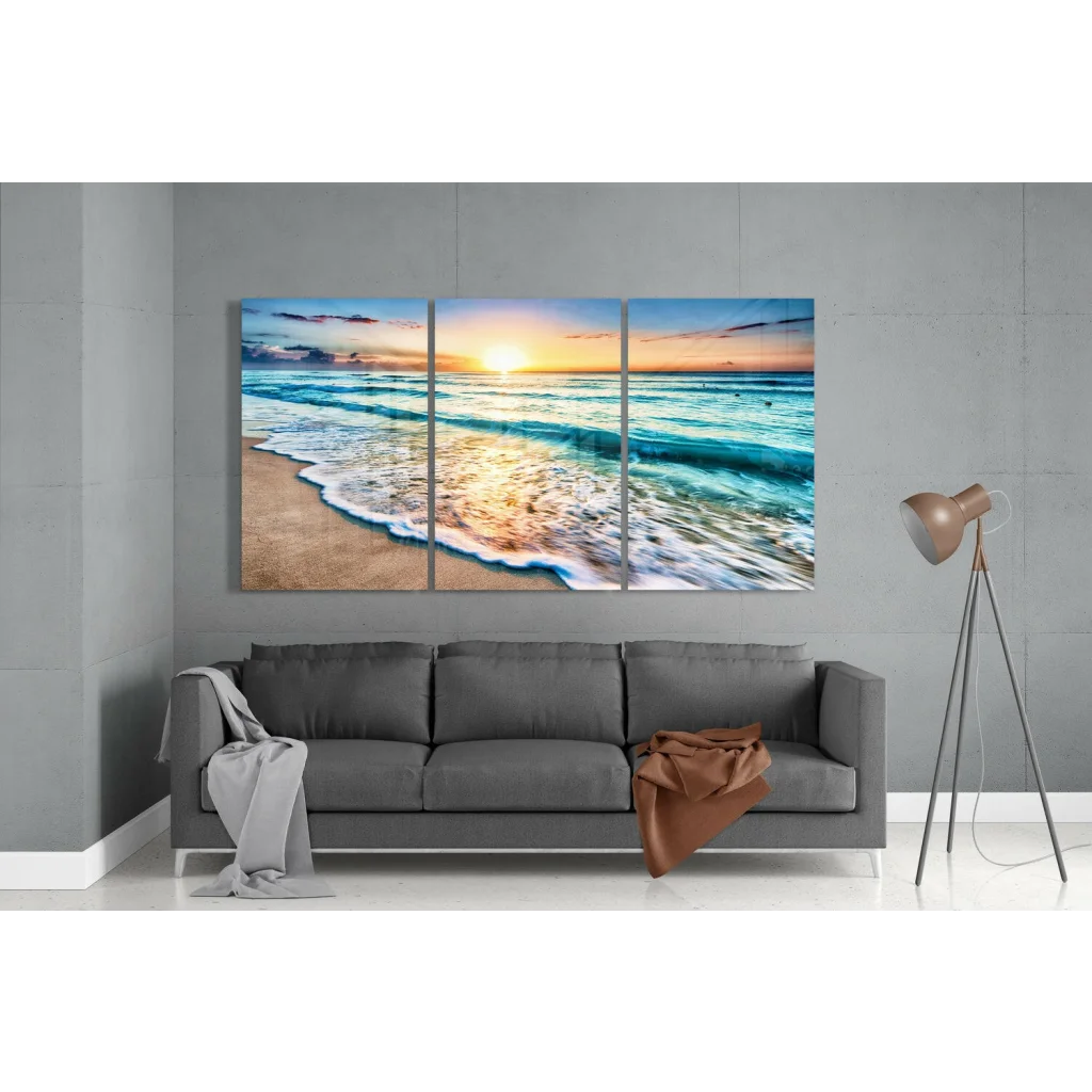 Beige and blue ocean sunset triptych wall art canvas set