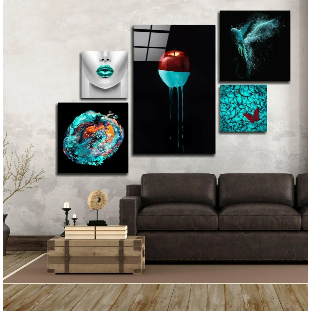 Glass Wall Art Vibrant teal and red glass wall art set with 5 abstract prints
