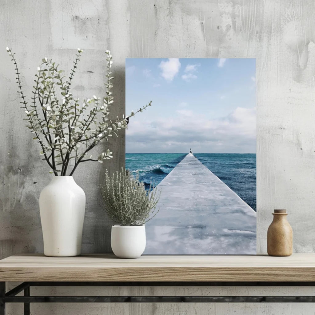 Long concrete pier into turquoise ocean, partly cloudy sky canvas print