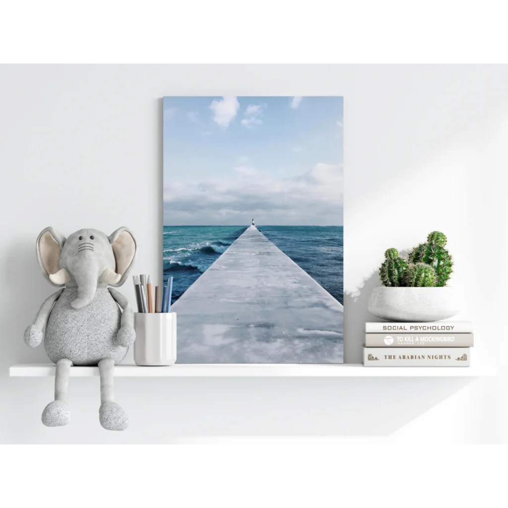 Serene turquoise ocean pier with solitary figure, canvas print