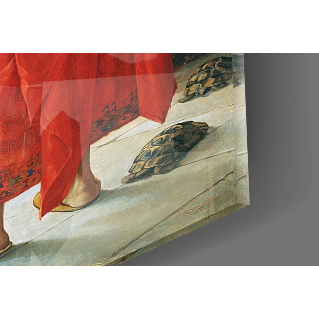 Vibrant turtles on mystical doorway glass wall art with tortoises on stone pavement