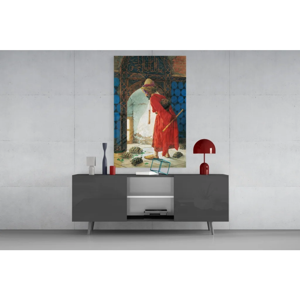 Vibrant red dome lamp with sleek base in Mystical Doorway glass wall art