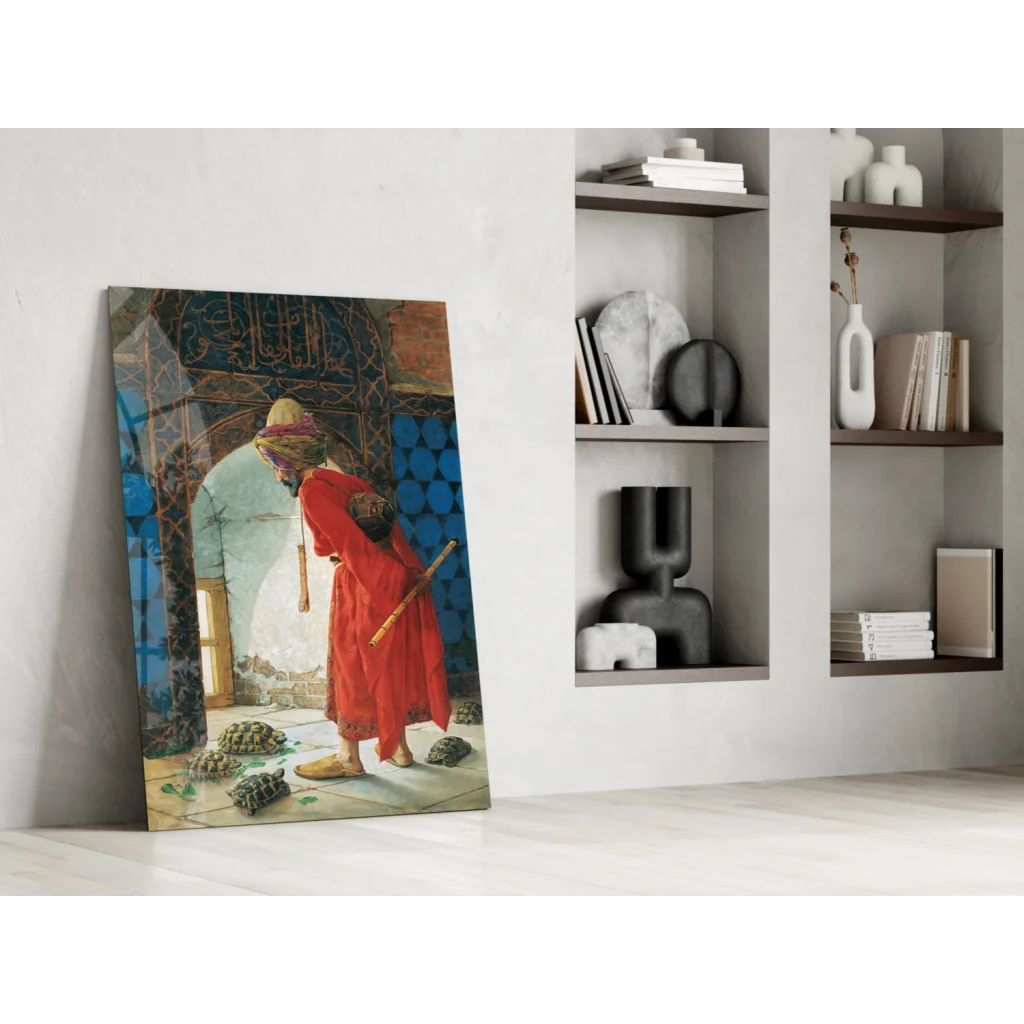 Mystical doorway glass wall art with vibrant turtles at feet