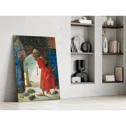 Mystical doorway glass wall art with vibrant turtles at feet