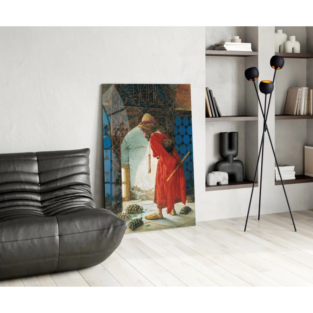 Vibrant red teal figure in traditional attire at ornate doorway in mystical turtles glass wall art