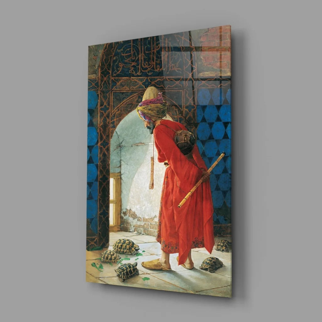 Vibrant red-robed figure with turban and staff on mystical doorway glass wall art