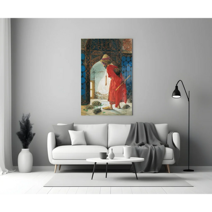 Vibrant red teal glass wall art of turtles in ornate doorway above sofa