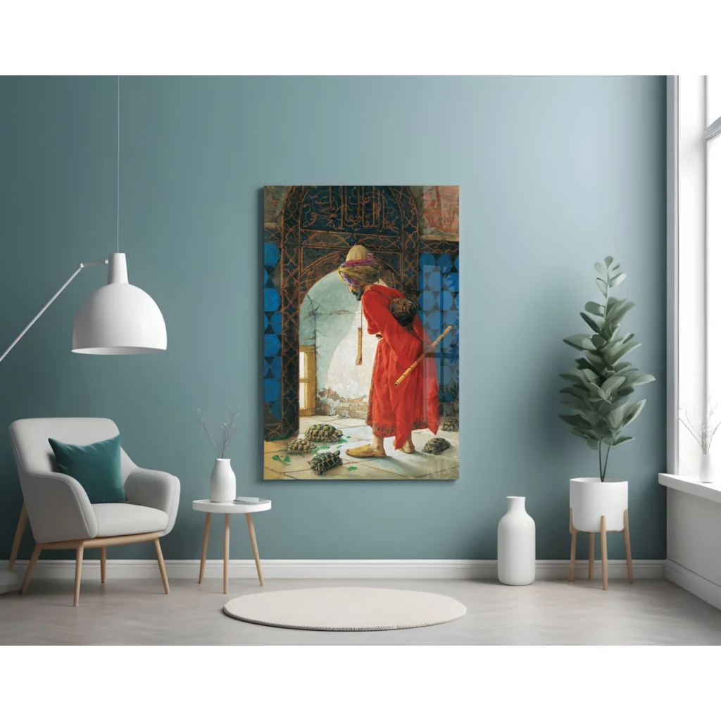Vibrant red-robed figure under ornate archway in mystical turtles glass wall art