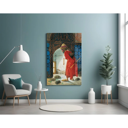 Vibrant red-robed figure under ornate archway in mystical turtles glass wall art