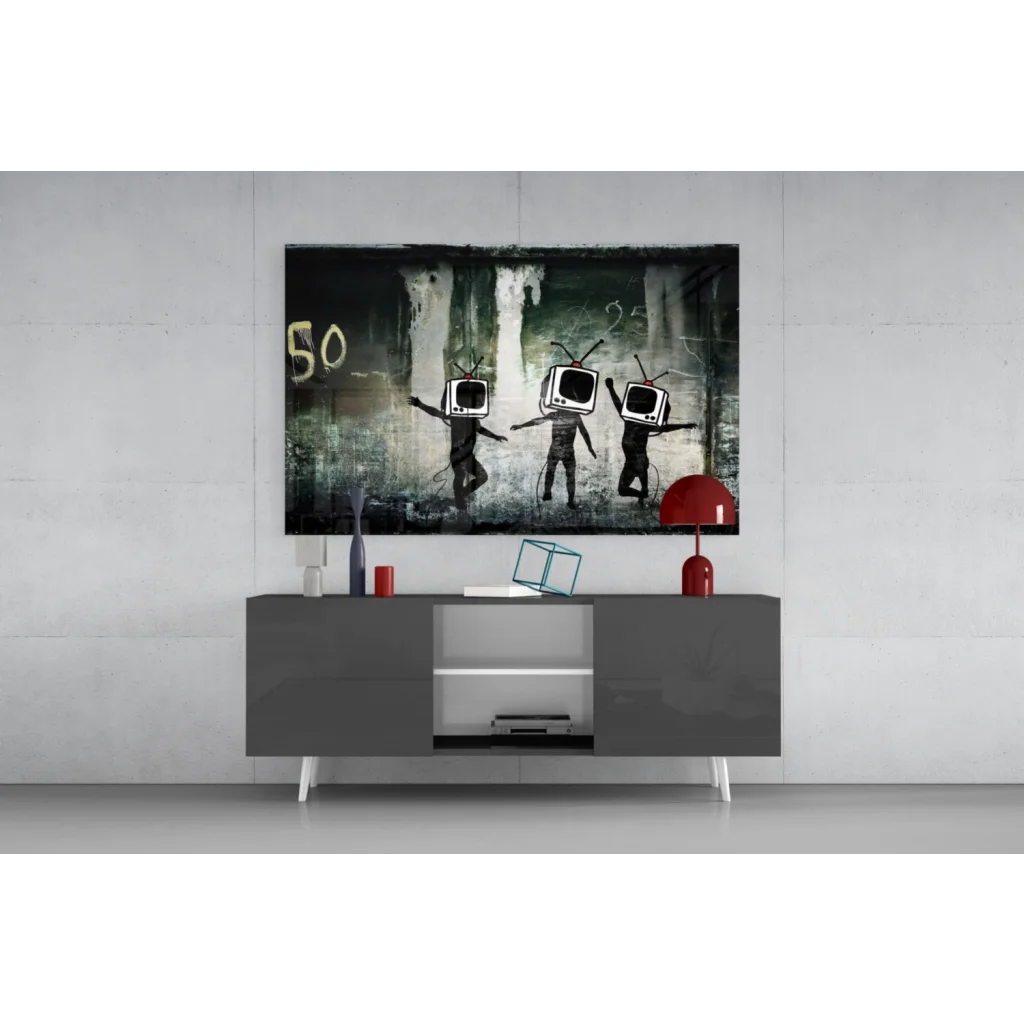 Black and white TV head grunge wall art canvas for modern spaces