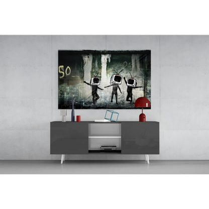 Black and white TV head grunge wall art canvas for modern spaces