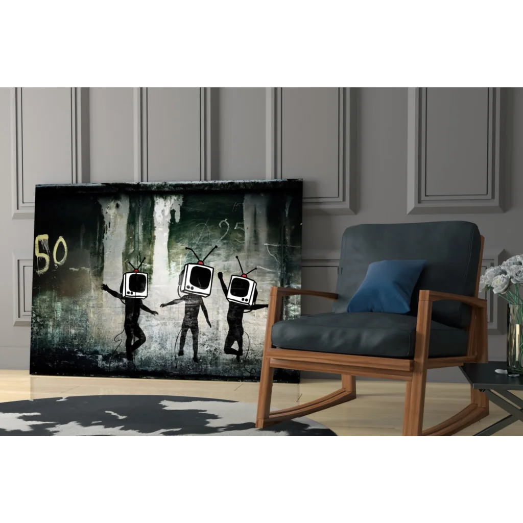 Grunge TV head figures black white canvas wall art for modern spaces