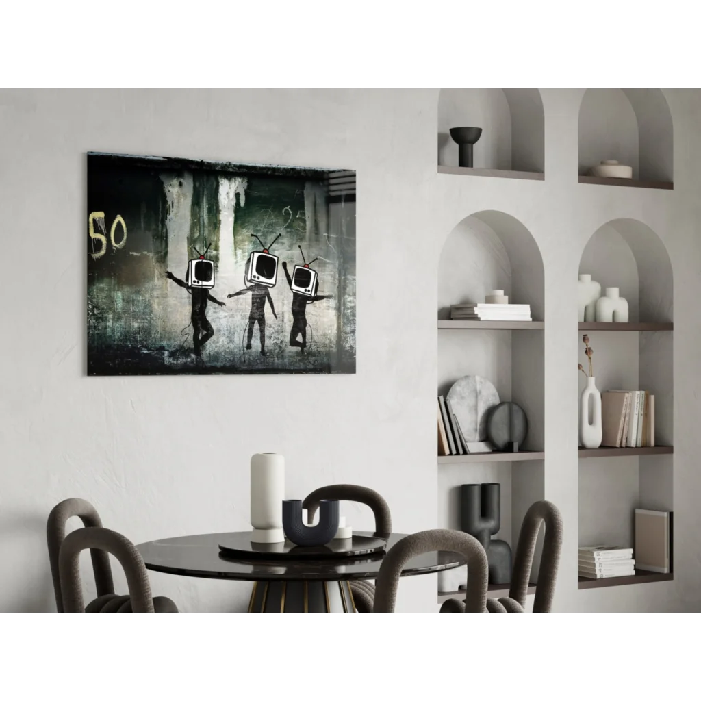 Black and white TV head graffiti canvas wall art for modern spaces