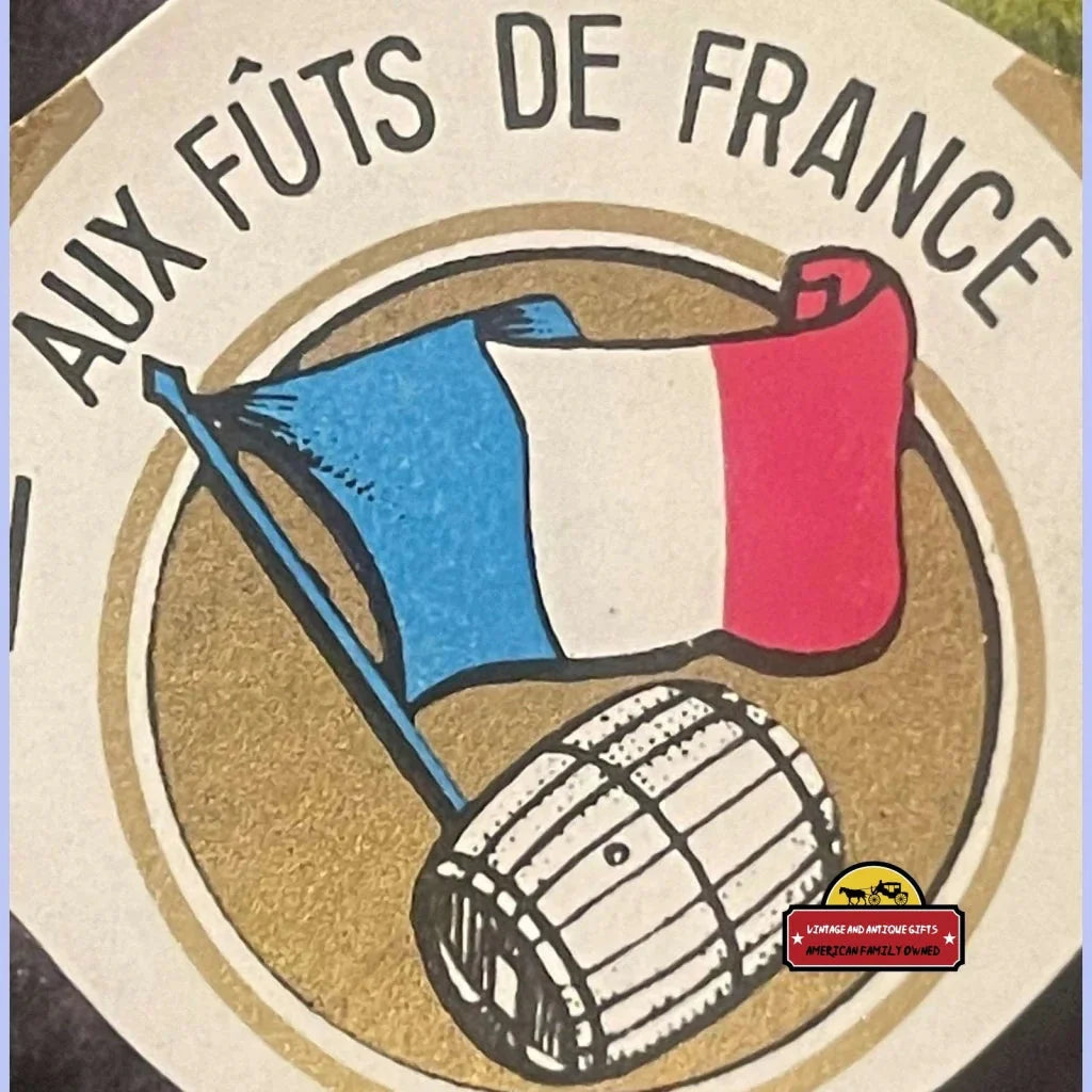 Circular coaster with French flag, wooden barrel, and AUX FÛTS DE FRANCE text for antique gifts