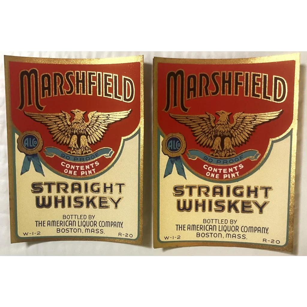 Two 🦅 Antique Vintage 1930s Marshfield Whiskey Label Boston MA Gold Eagle! Advertisements Rare - Double