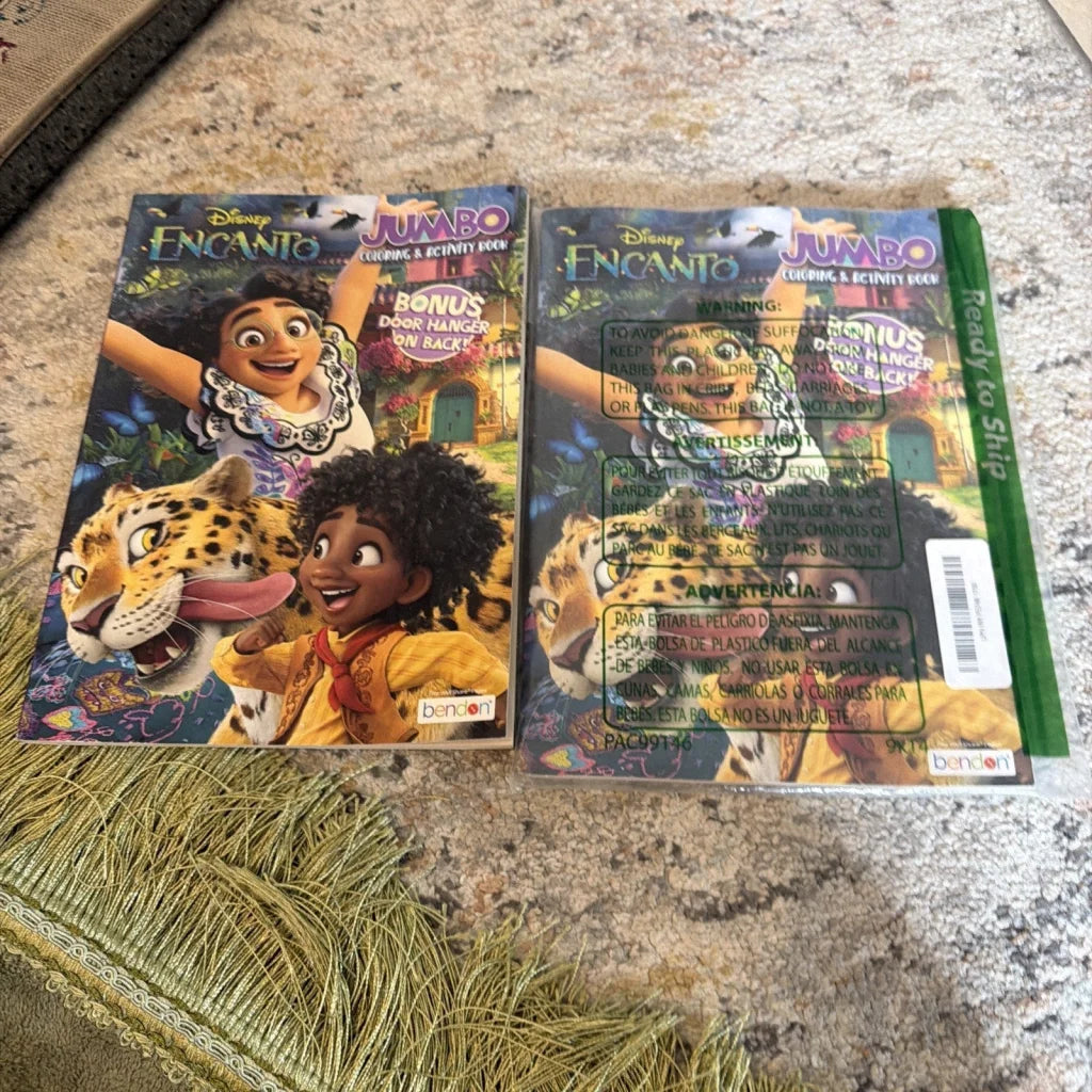 Two Disney Encanto coloring books with vibrant characters and leopard pages