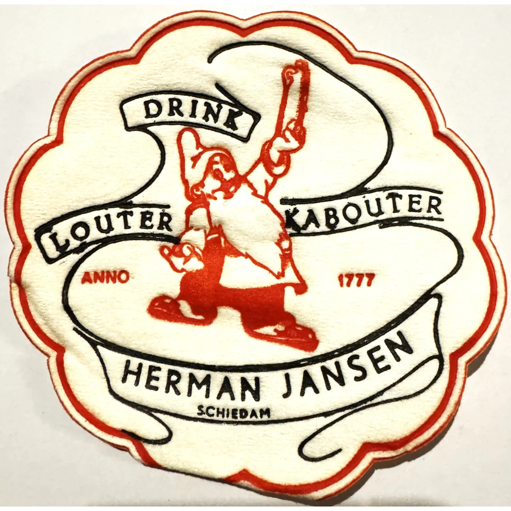 Vintage 1950s Herman Jansen coaster features a cartoon leprechaun with a bottle