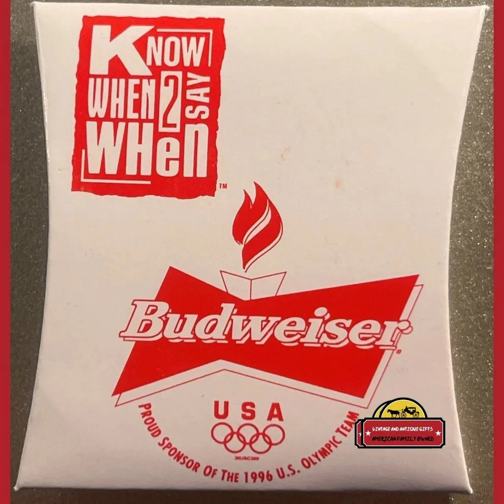 White button featuring red Budweiser and USA Olympics logos on vintage sewing kit