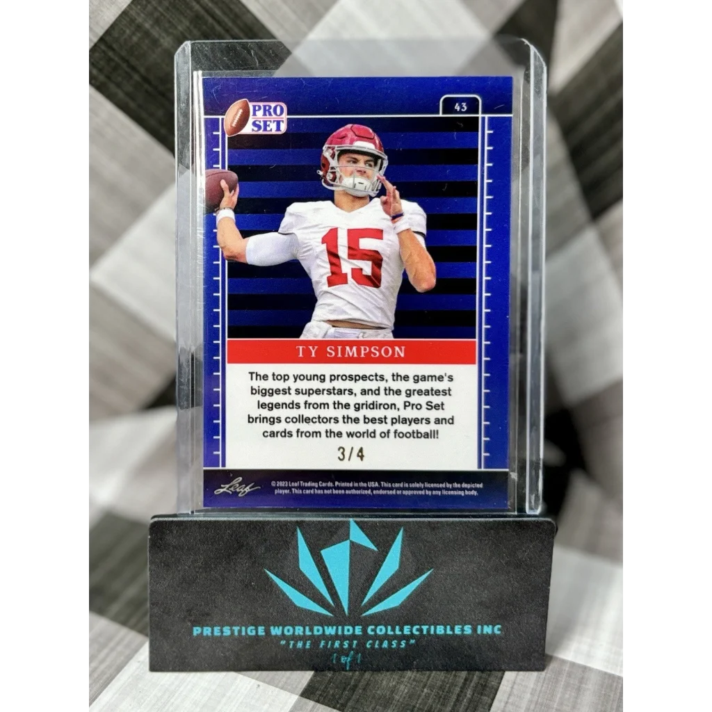 Ty Simpson blue and white football card #15 in case from Prestige Worldwide Collectibles