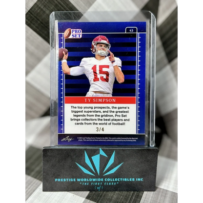 Ty Simpson blue and white football card #15 in case from Prestige Worldwide Collectibles