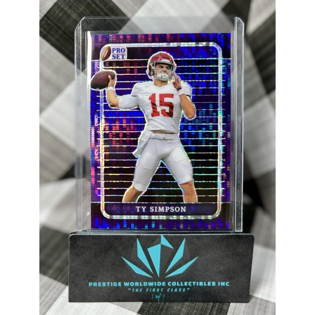 Purple Ty Simpson football card in clear case from Prestige Worldwide Collectibles
