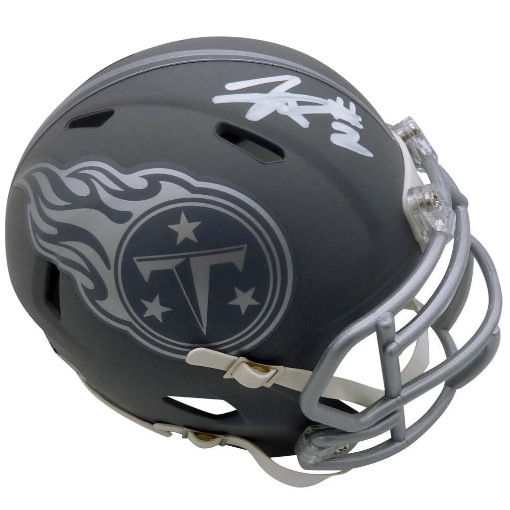Tyjae Spears autographed Tennessee Titans mini helmet with silver flame logo