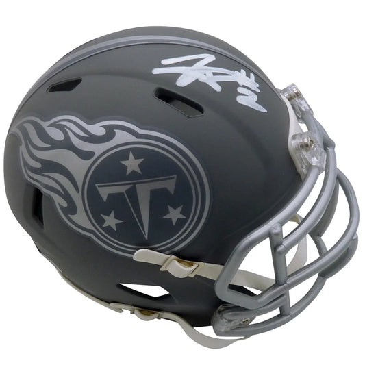 Tyjae Spears autographed Tennessee Titans mini helmet with silver flame logo