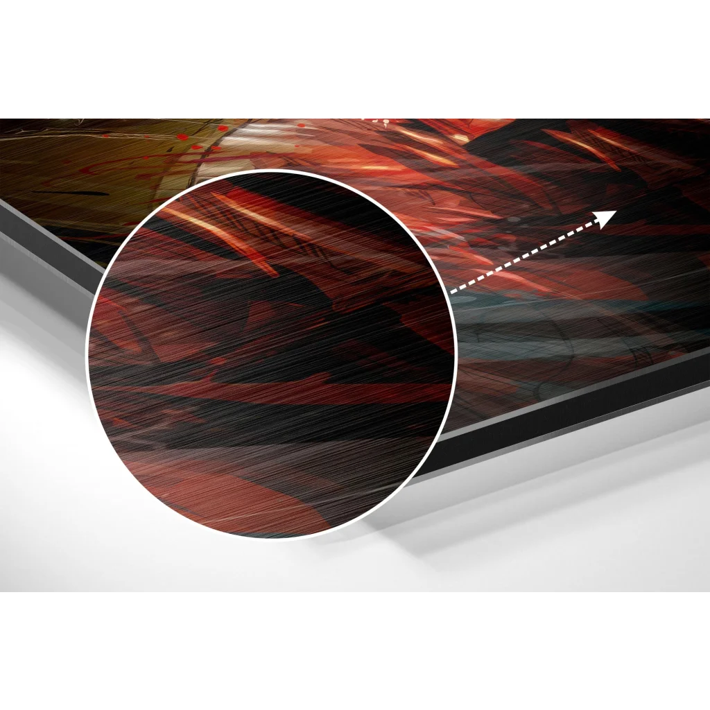 Vibrant abstract art on brushed aluminium dibond with bold red black strokes in sleek frame