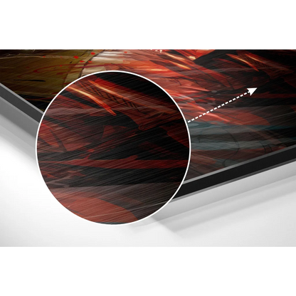 Vibrant abstract art on brushed aluminium dibond with bold red black strokes in sleek frame