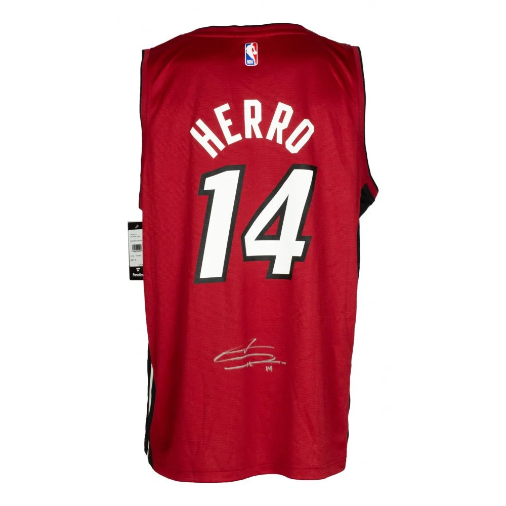 Red Tyler Herro Miami Heat jersey with signature and herro 14 on the back