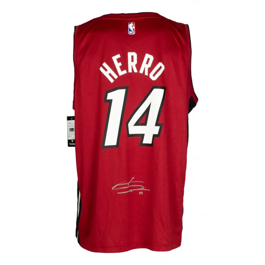 Red Tyler Herro Miami Heat jersey with signature and herro 14 on the back