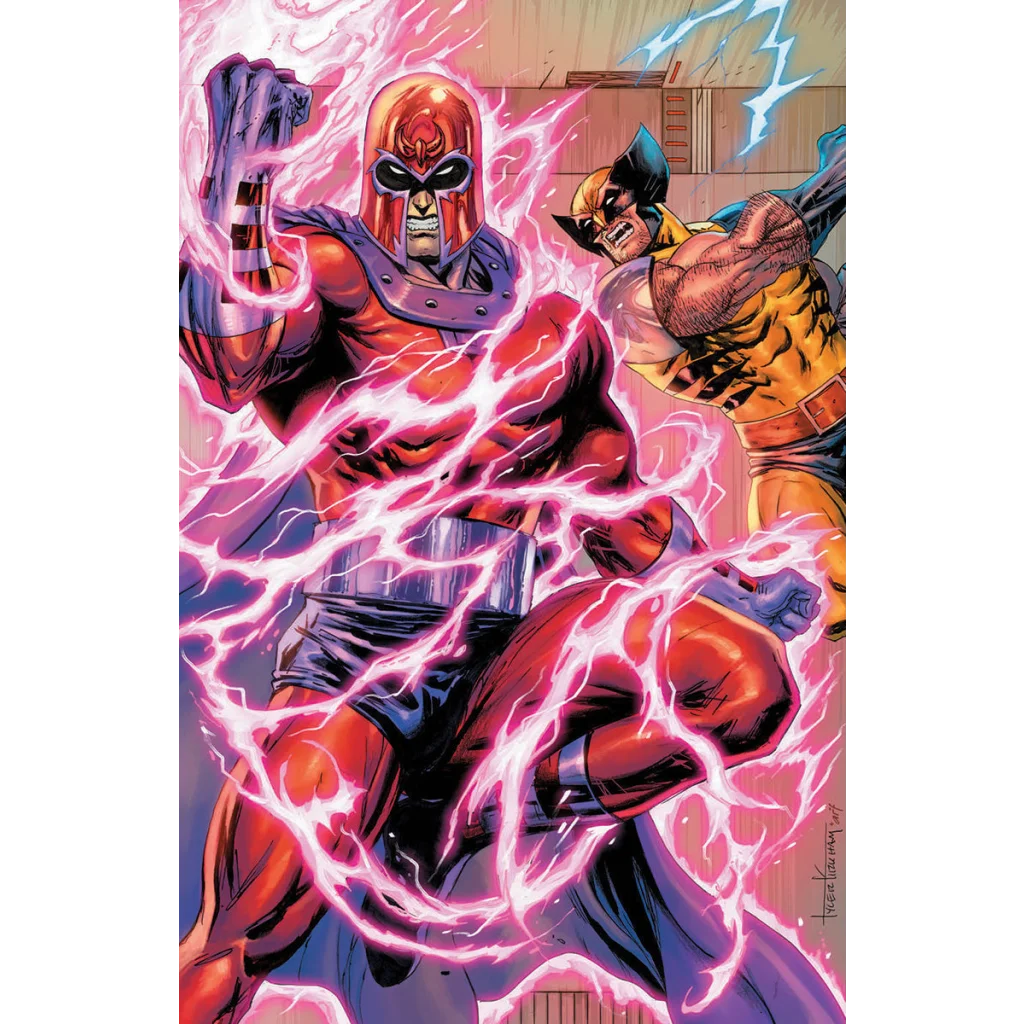 Tyler Kirkham connecting cover featuring Magneto in pink energy and Wolverine background