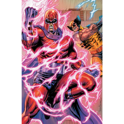 Tyler Kirkham connecting cover featuring Magneto in pink energy and Wolverine background